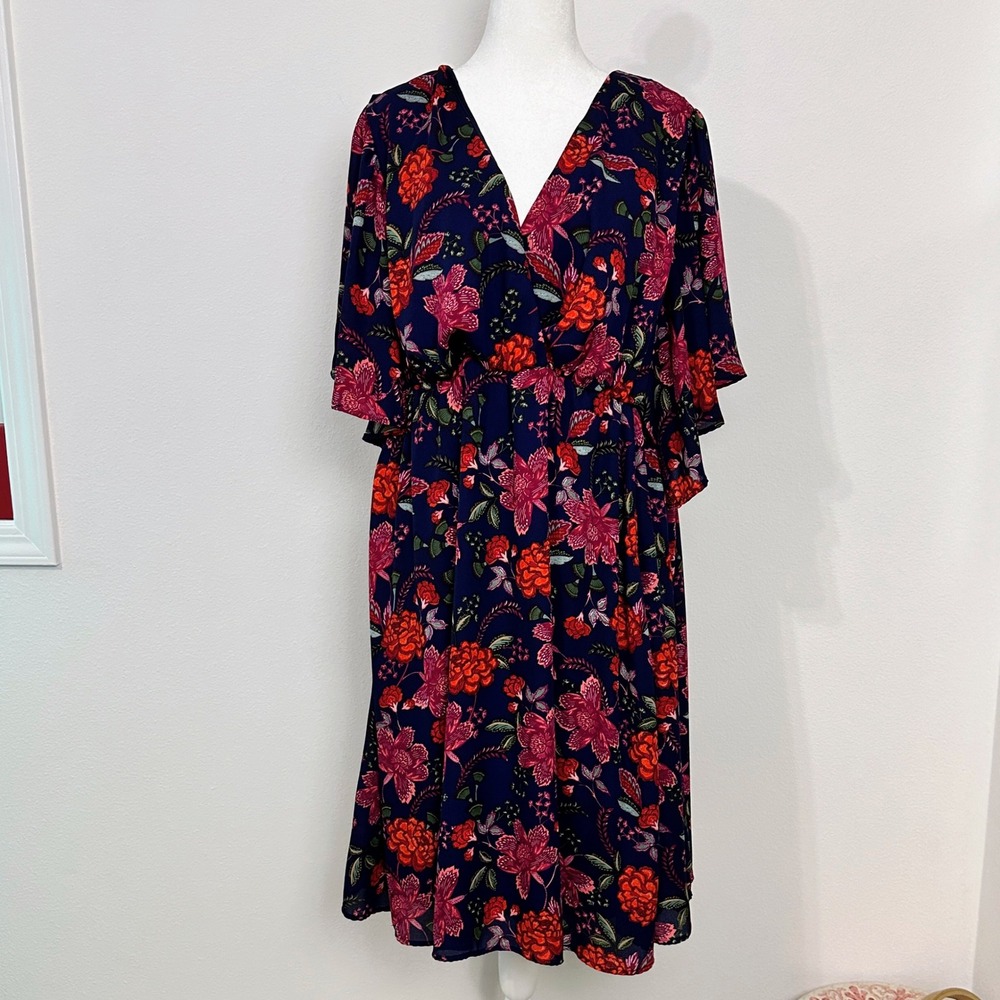 Kiyonna Faux Wrap Dress Womens 2X Navy Floral Midi